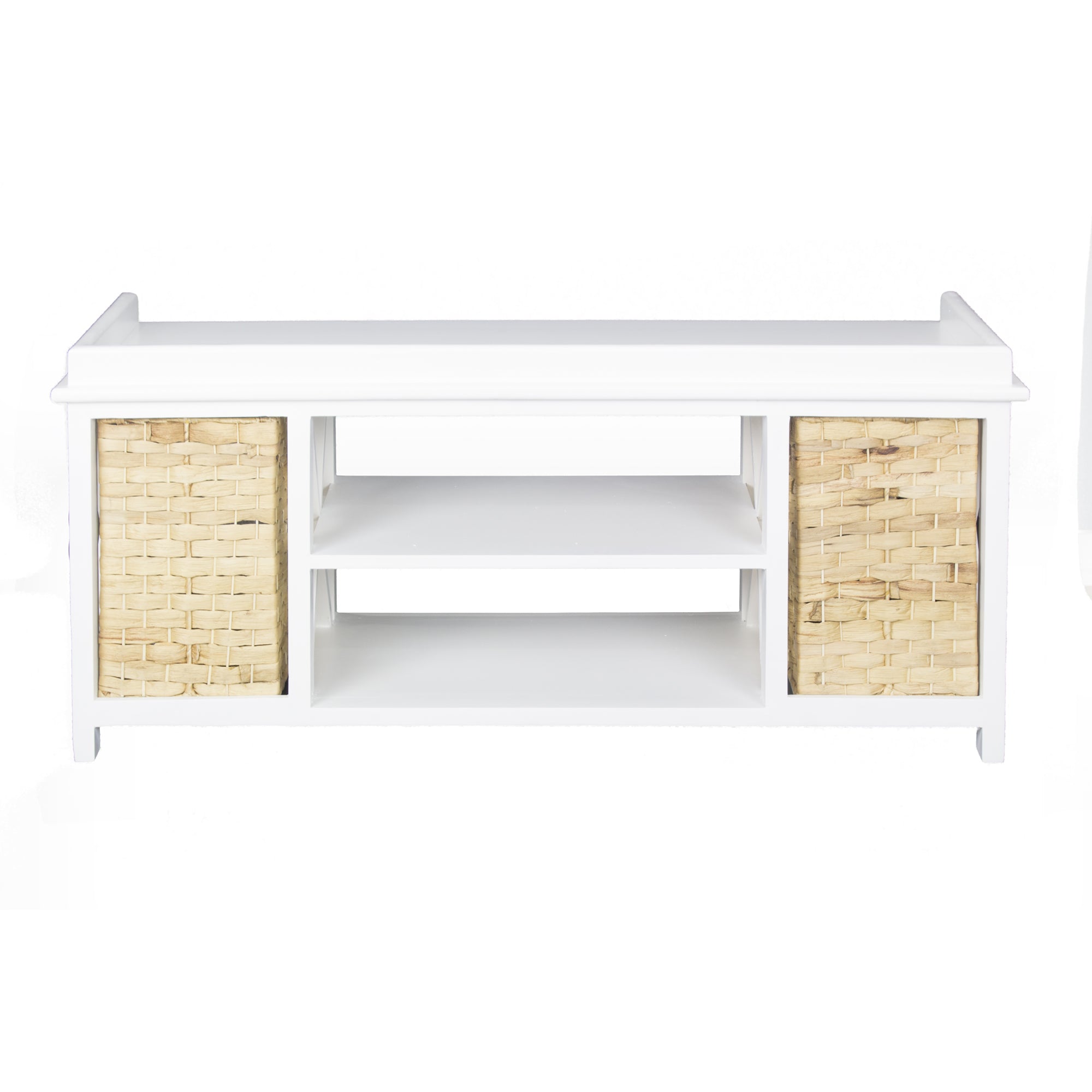 Modern Entryway White Wood Finish Storage Bench with Two Woven Storage Baskets