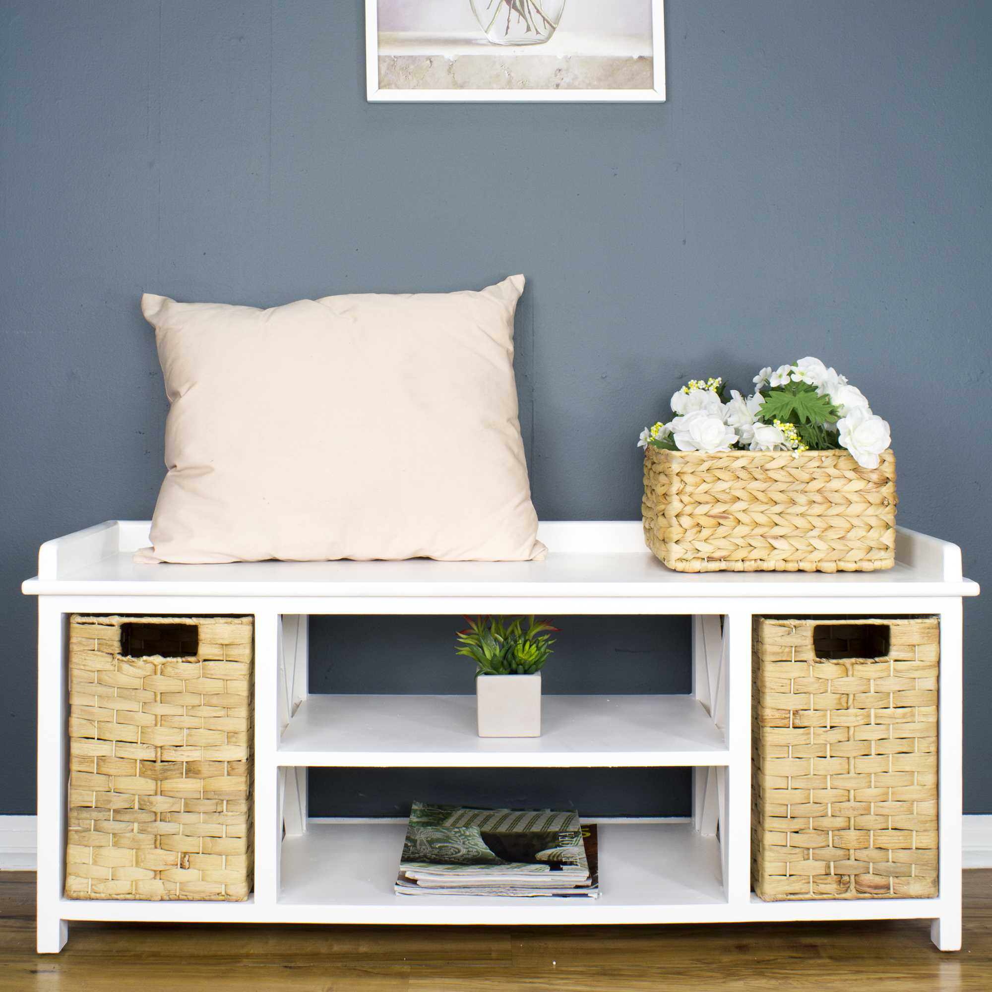 Modern Entryway White Wood Finish Storage Bench with Two Woven Storage Baskets