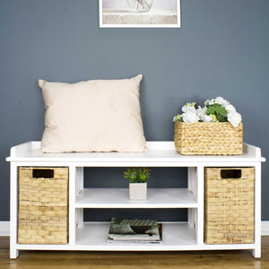 Modern Entryway White Wood Finish Storage Bench with Two Woven Storage Baskets