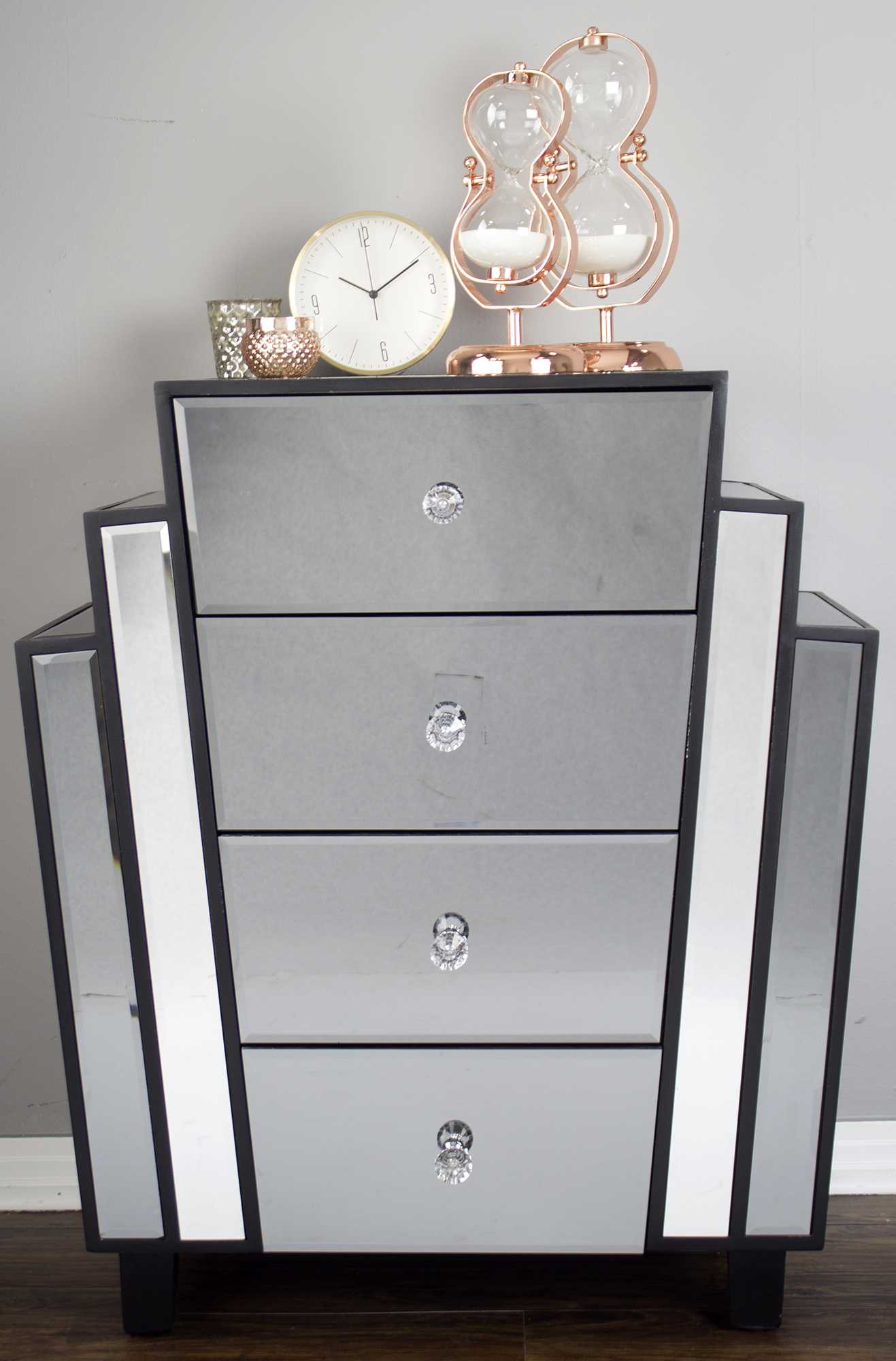 Grey with Grey Washed Water Hyacinth MDF Wood Mirrored Glass Accent Cabinet with  Drawers