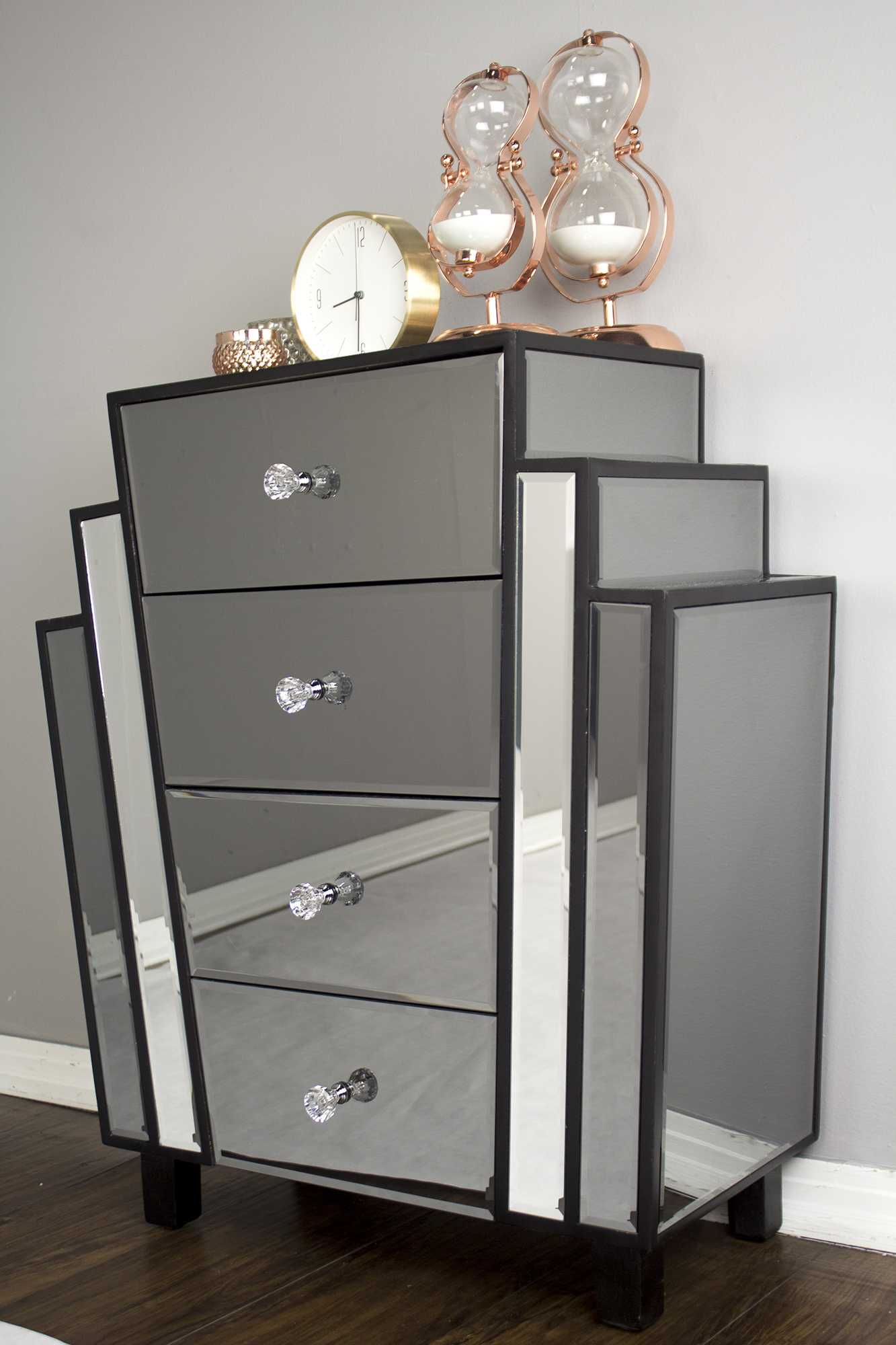 Grey with Grey Washed Water Hyacinth MDF Wood Mirrored Glass Accent Cabinet with  Drawers