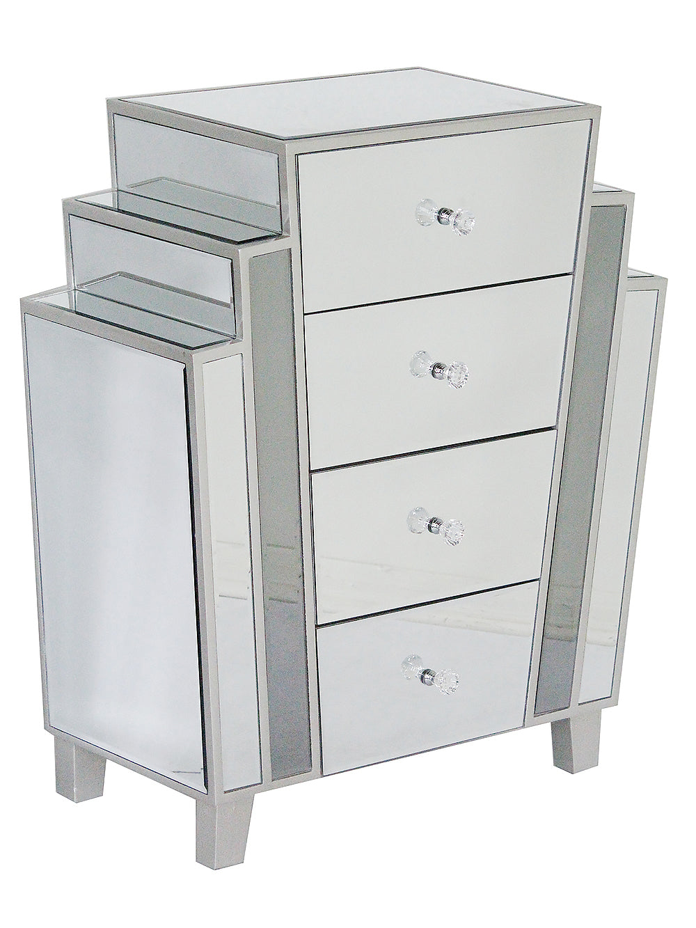 Natural MDF Wood Mirrored Glass Accent Cabinet with  Drawers