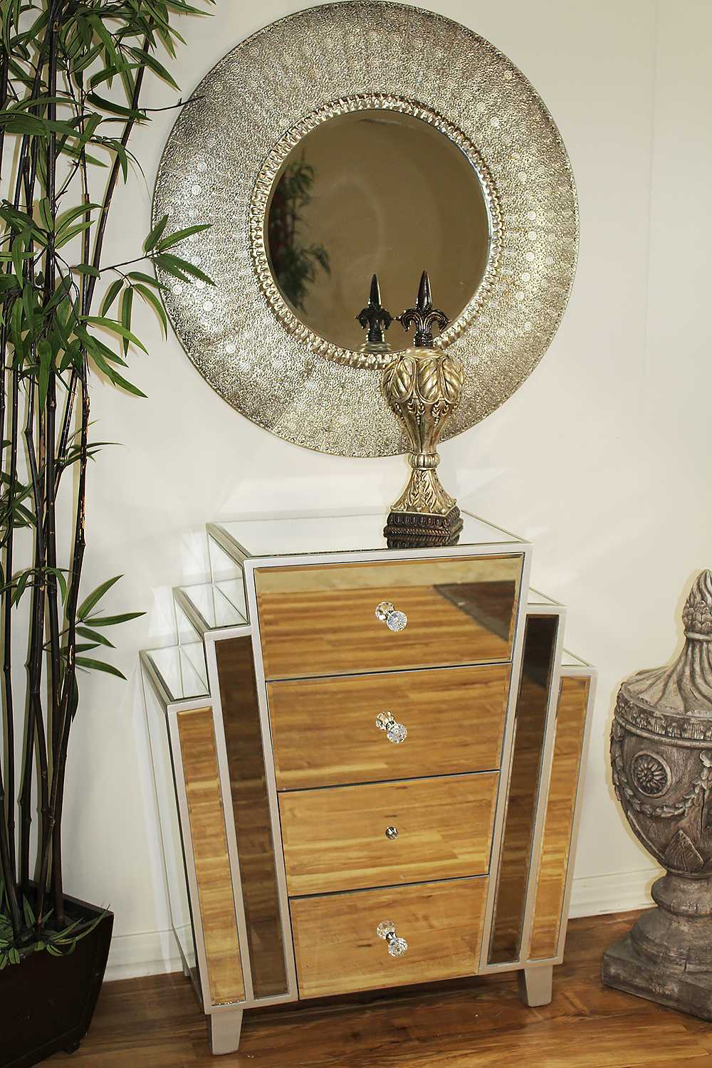 Natural MDF Wood Mirrored Glass Accent Cabinet with  Drawers