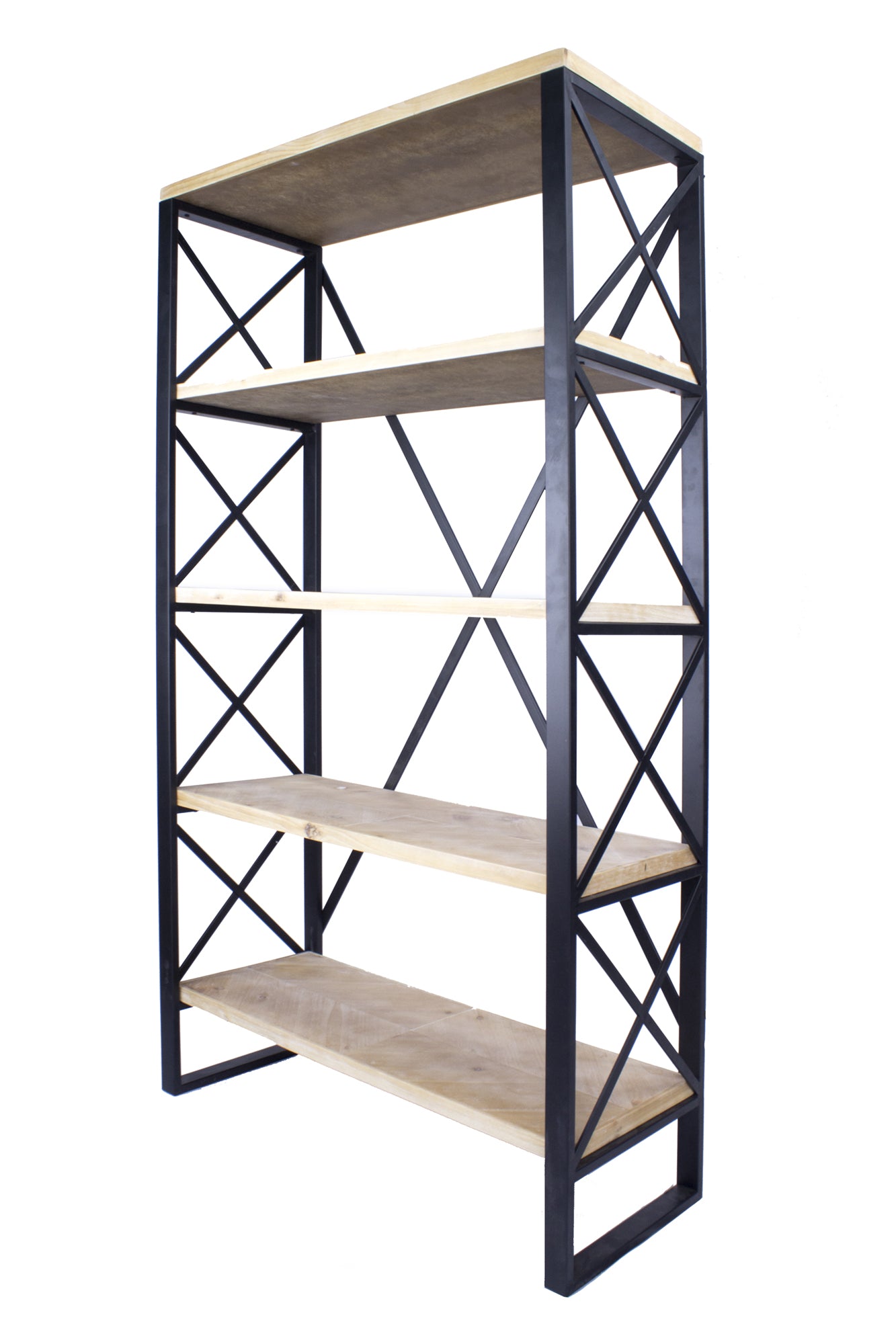 32.75" X 13.5" X 59" Natural Brown Metal Wood MDF Bookcase with Shelves