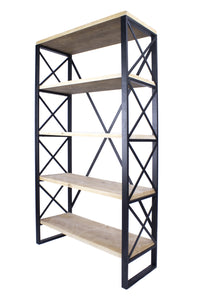 32.75" X 13.5" X 59" Natural Brown Metal Wood MDF Bookcase with Shelves