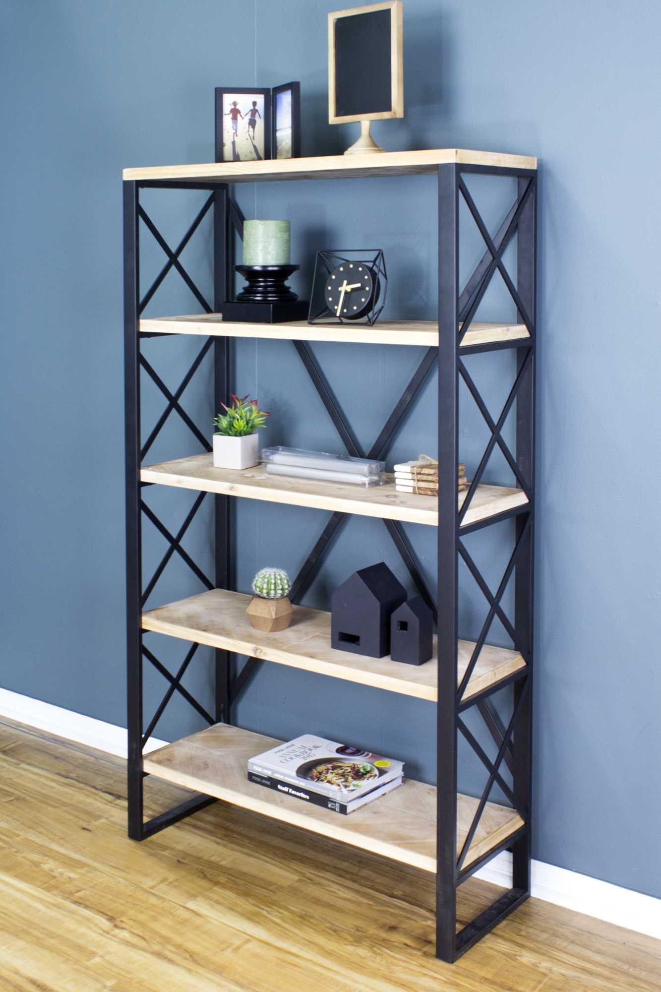32.75" X 13.5" X 59" Natural Brown Metal Wood MDF Bookcase with Shelves