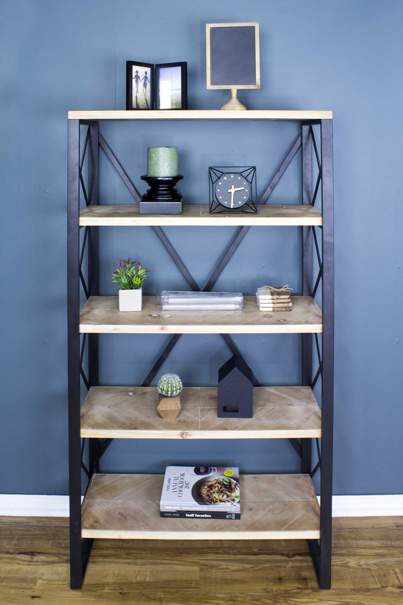 32.75" X 13.5" X 59" Natural Brown Metal Wood MDF Bookcase with Shelves