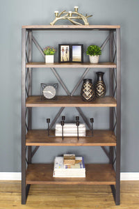 32.75" X 13.5" X 59" Natural Orange Metal Wood MDF Bookcase with Shelves
