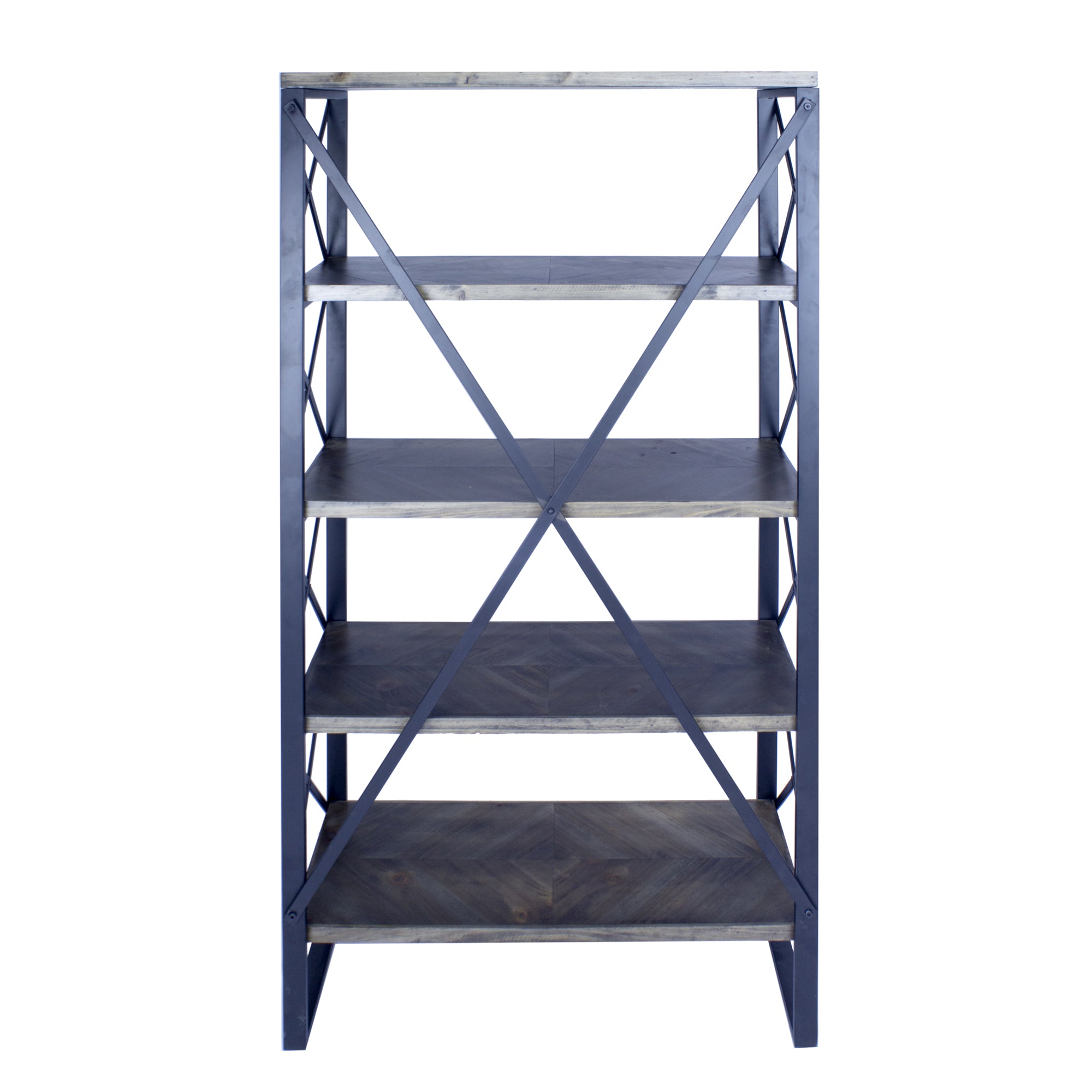 32.75" X 13.5" X 59" Natural Grey Metal Wood MDF Bookcase with Shelves