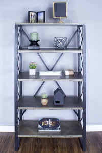 32.75" X 13.5" X 59" Natural Grey Metal Wood MDF Bookcase with Shelves