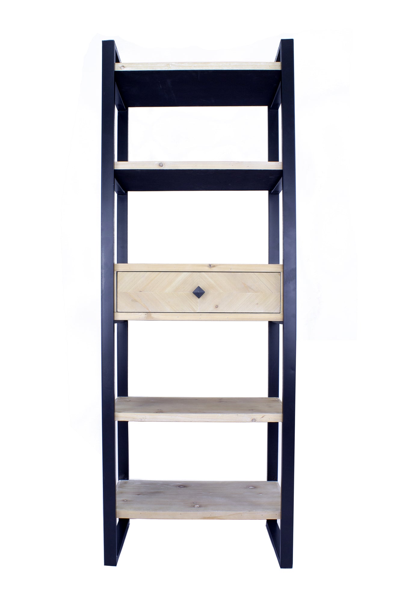 24" X 14.5" X 67.25" Natural Brown Metal Wood MDF Bookcase with a Drawer and Shelves