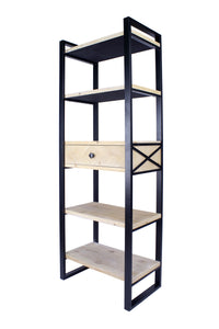 24" X 14.5" X 67.25" Natural Brown Metal Wood MDF Bookcase with a Drawer and Shelves