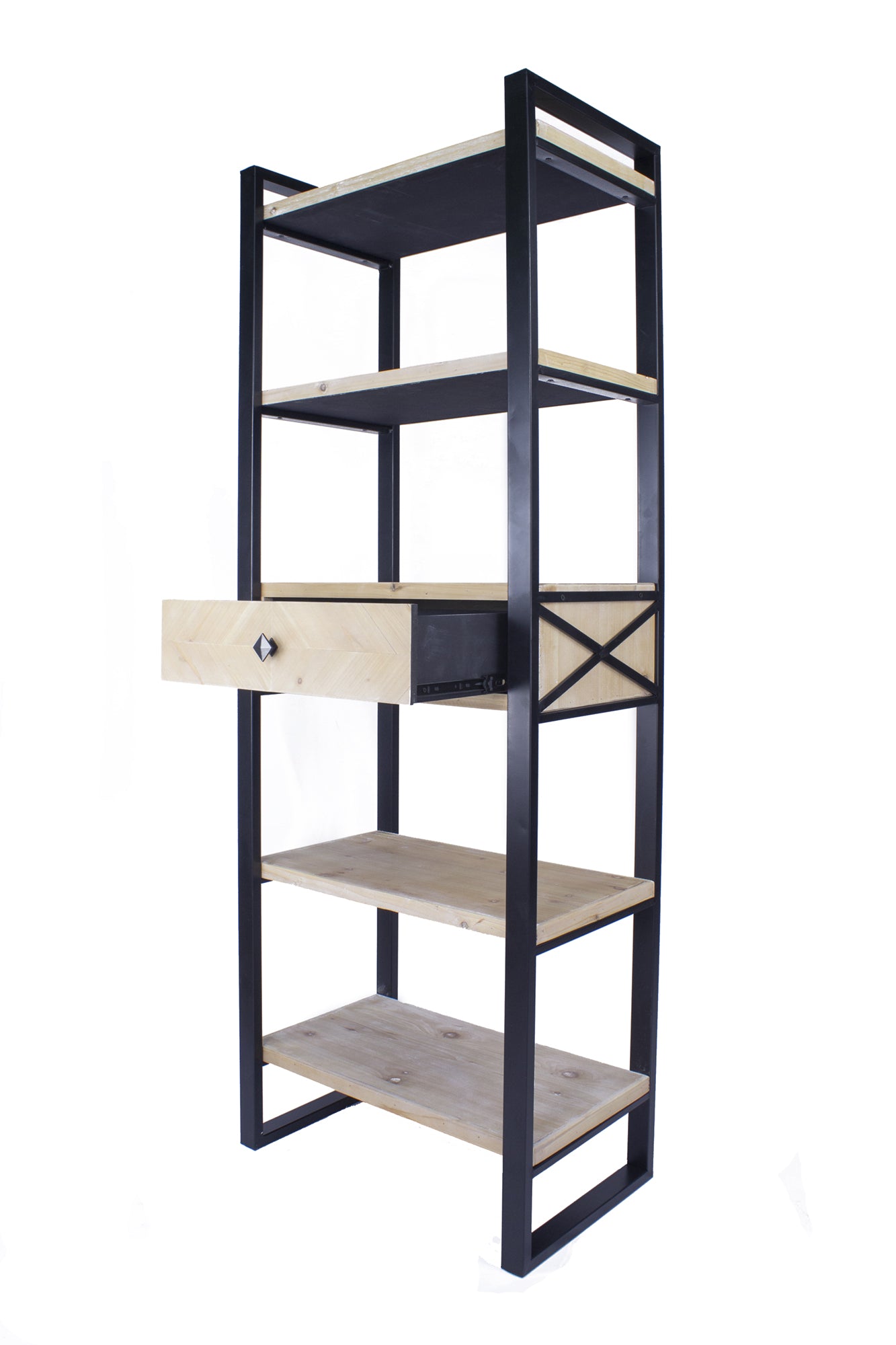 24" X 14.5" X 67.25" Natural Brown Metal Wood MDF Bookcase with a Drawer and Shelves