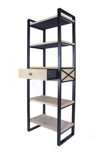 24" X 14.5" X 67.25" Natural Brown Metal Wood MDF Bookcase with a Drawer and Shelves