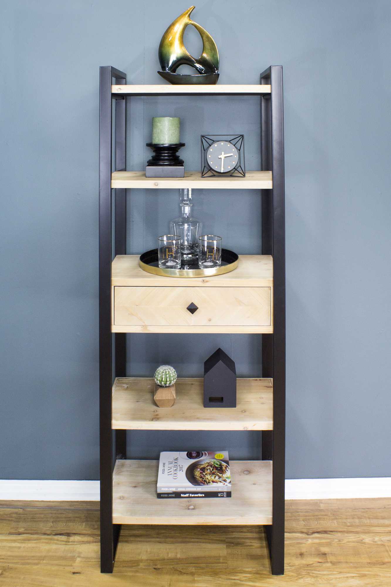 24" X 14.5" X 67.25" Natural Brown Metal Wood MDF Bookcase with a Drawer and Shelves