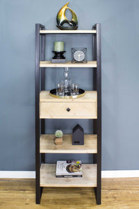 24" X 14.5" X 67.25" Natural Brown Metal Wood MDF Bookcase with a Drawer and Shelves
