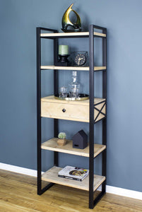24" X 14.5" X 67.25" Natural Brown Metal Wood MDF Bookcase with a Drawer and Shelves