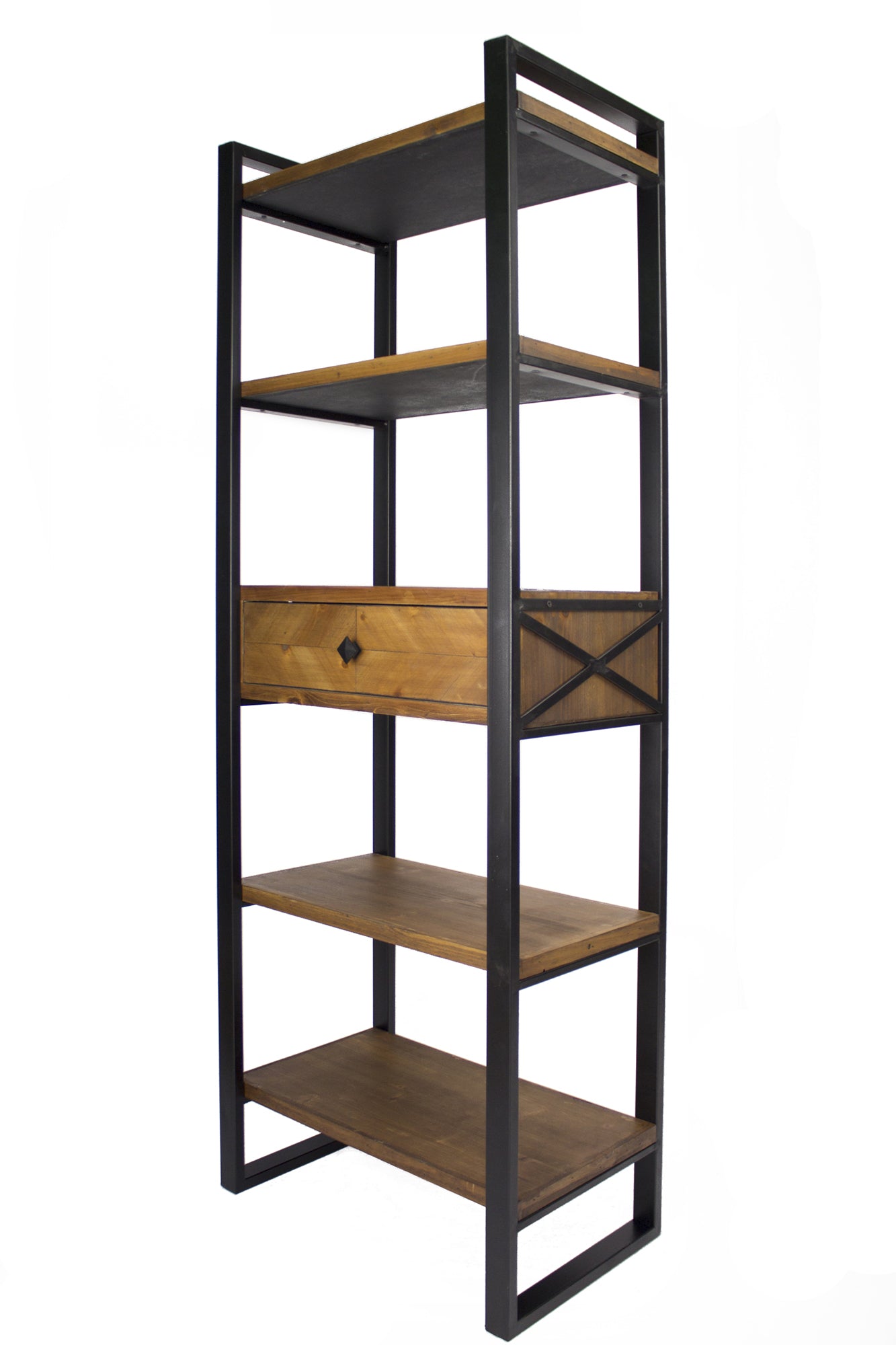 24" X 14.5" X 67.25" Natural Brown Metal Wood MDF Modern Shelf Drawer Bookcase and Display Organizer Brown