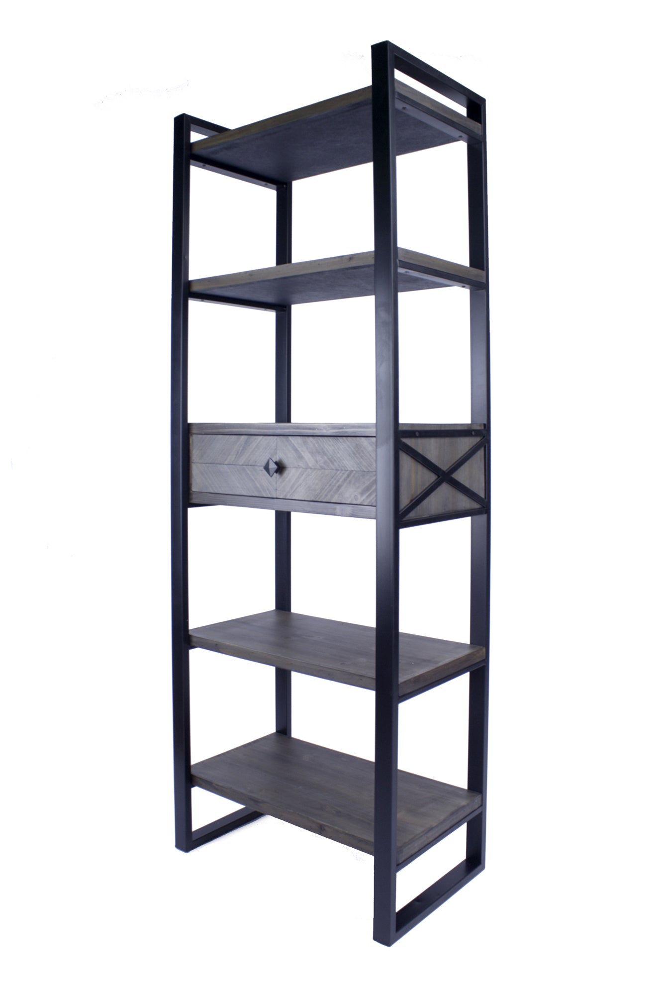 24" X 14.5" X 67.25" Natural Grey Metal Wood MDF Modern Shelf Drawer Bookcase and Display Organizer Grey