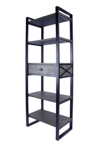 24" X 14.5" X 67.25" Natural Grey Metal Wood MDF Modern Shelf Drawer Bookcase and Display Organizer Grey