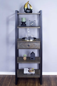 24" X 14.5" X 67.25" Natural Grey Metal Wood MDF Modern Shelf Drawer Bookcase and Display Organizer Grey