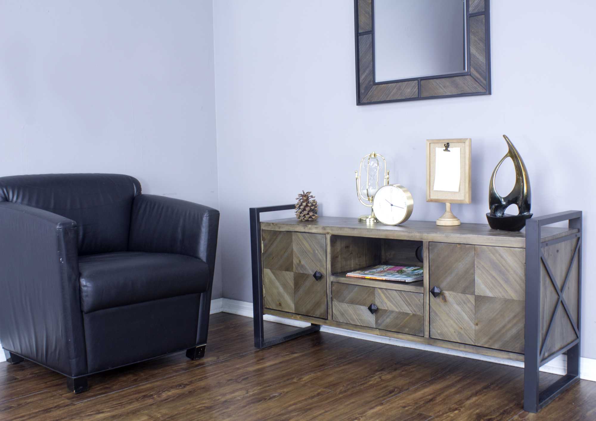 Natural White Metal Wood MDF TV Stand with a Drawer and  Doors