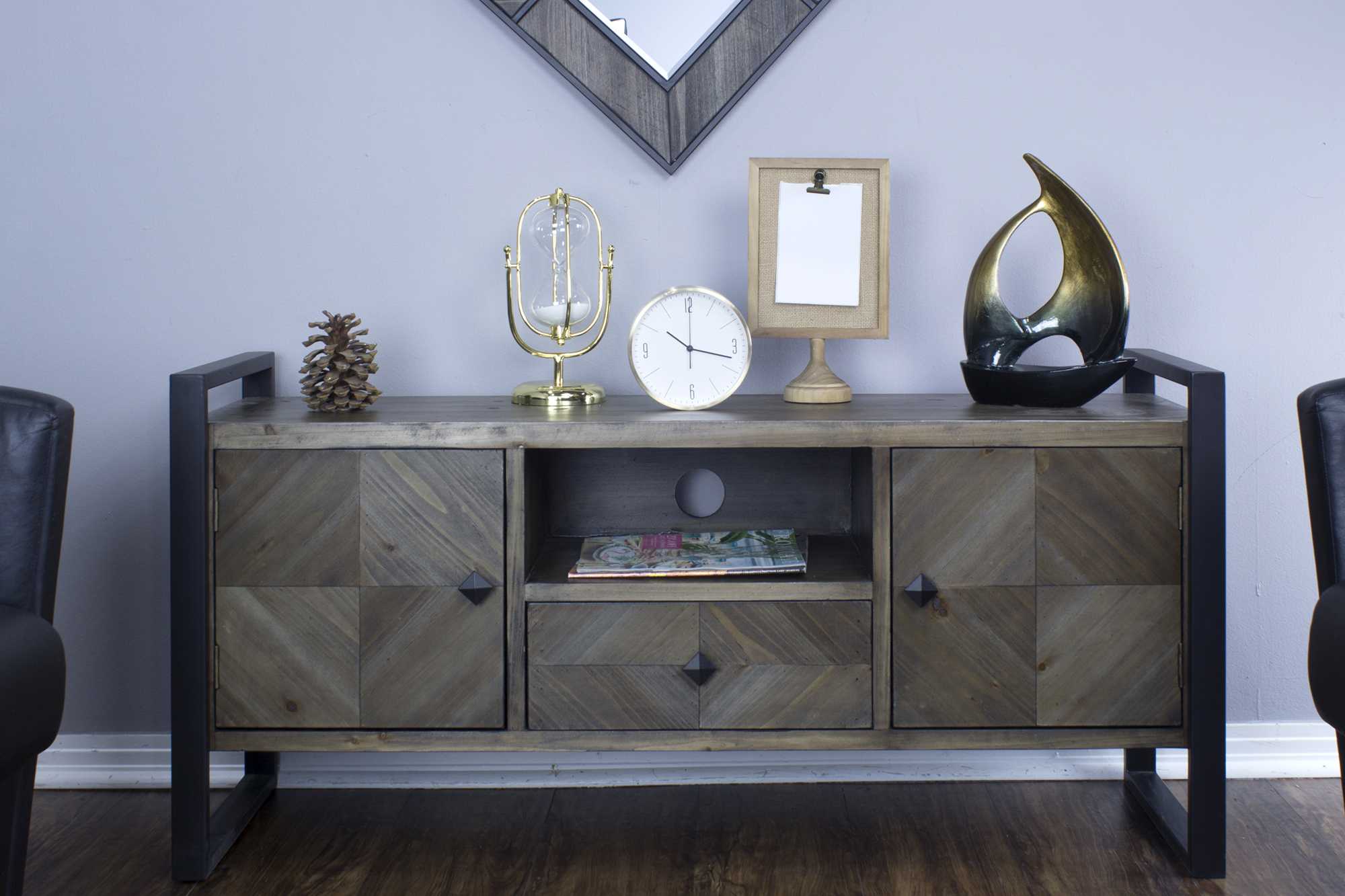 Natural White Metal Wood MDF TV Stand with a Drawer and  Doors