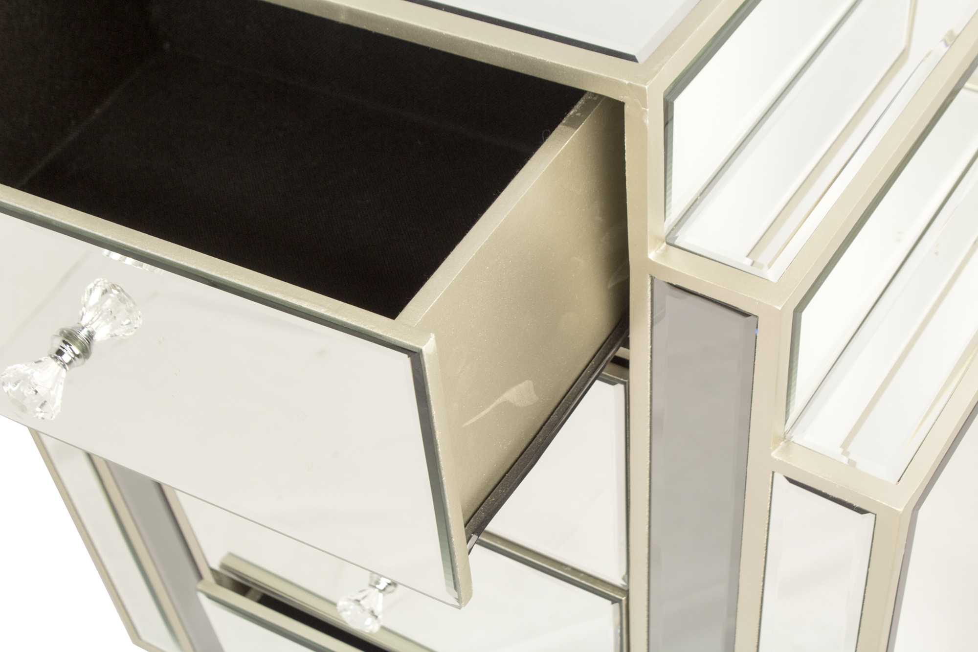 Gray MDF Wood Mirrored Glass Accent Cabinet with  Drawers