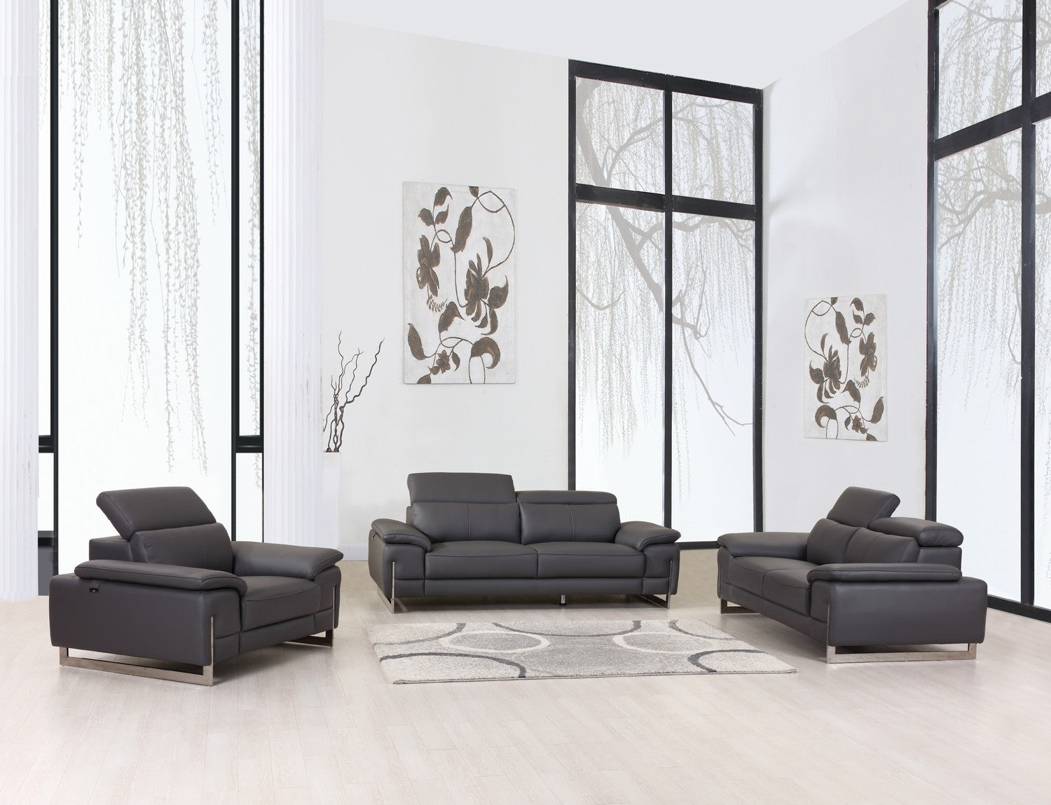 93" Tasteful Dark Grey Leather Sofa Set