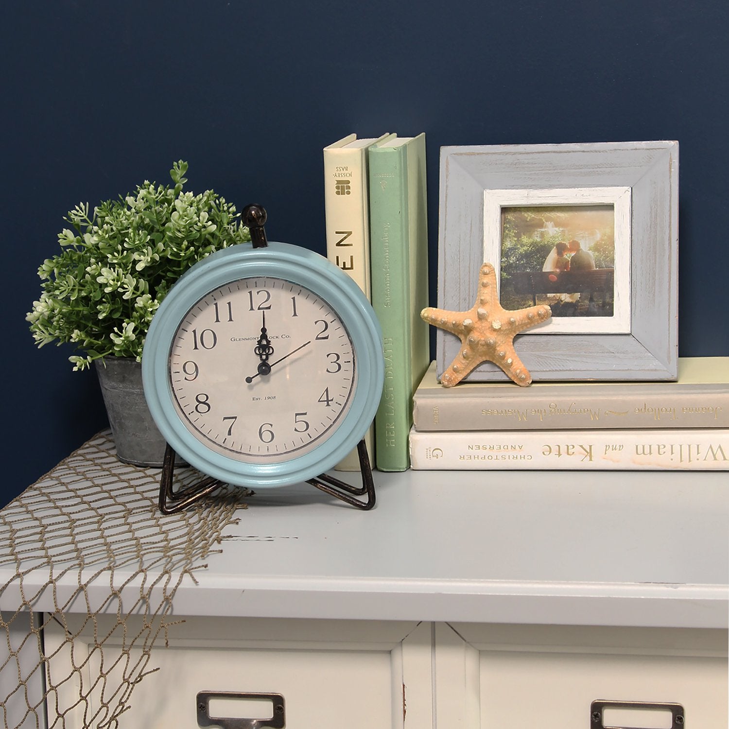Blue Metal and Wood Table Clock