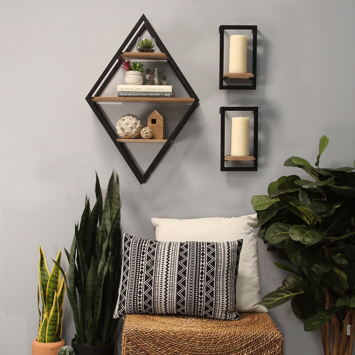 Diamond Wood and Metal Shelf Wall Decor