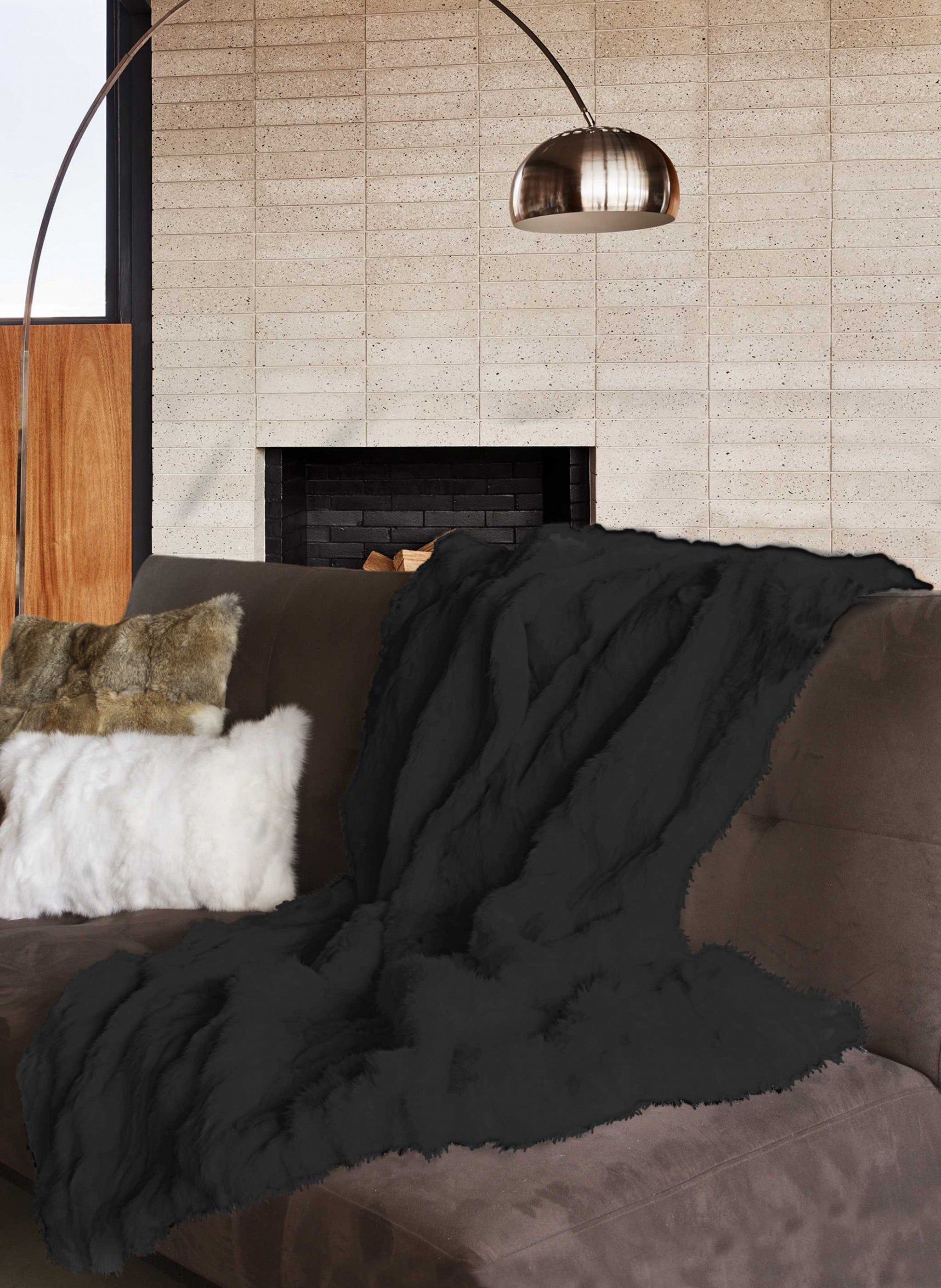 50" x 70" x 2" Black, Faux Fur - Throw