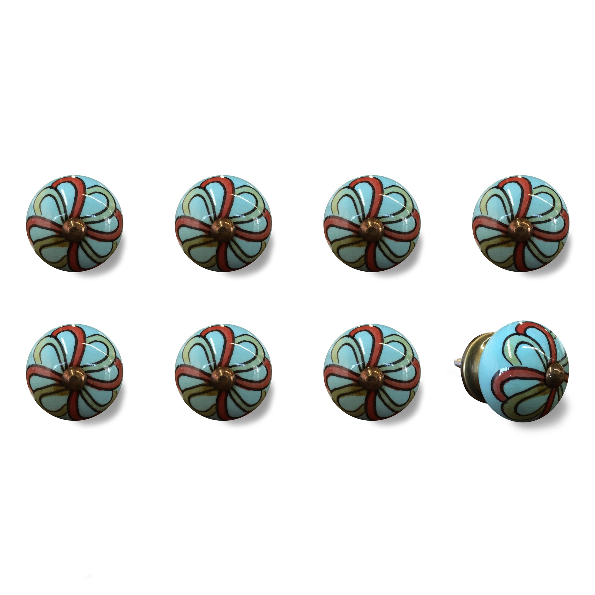 1.5" x 1.5" x 1.5" Turquiose/Red/Gren, Handpainted, Ceramic - Knobs 8-Pack