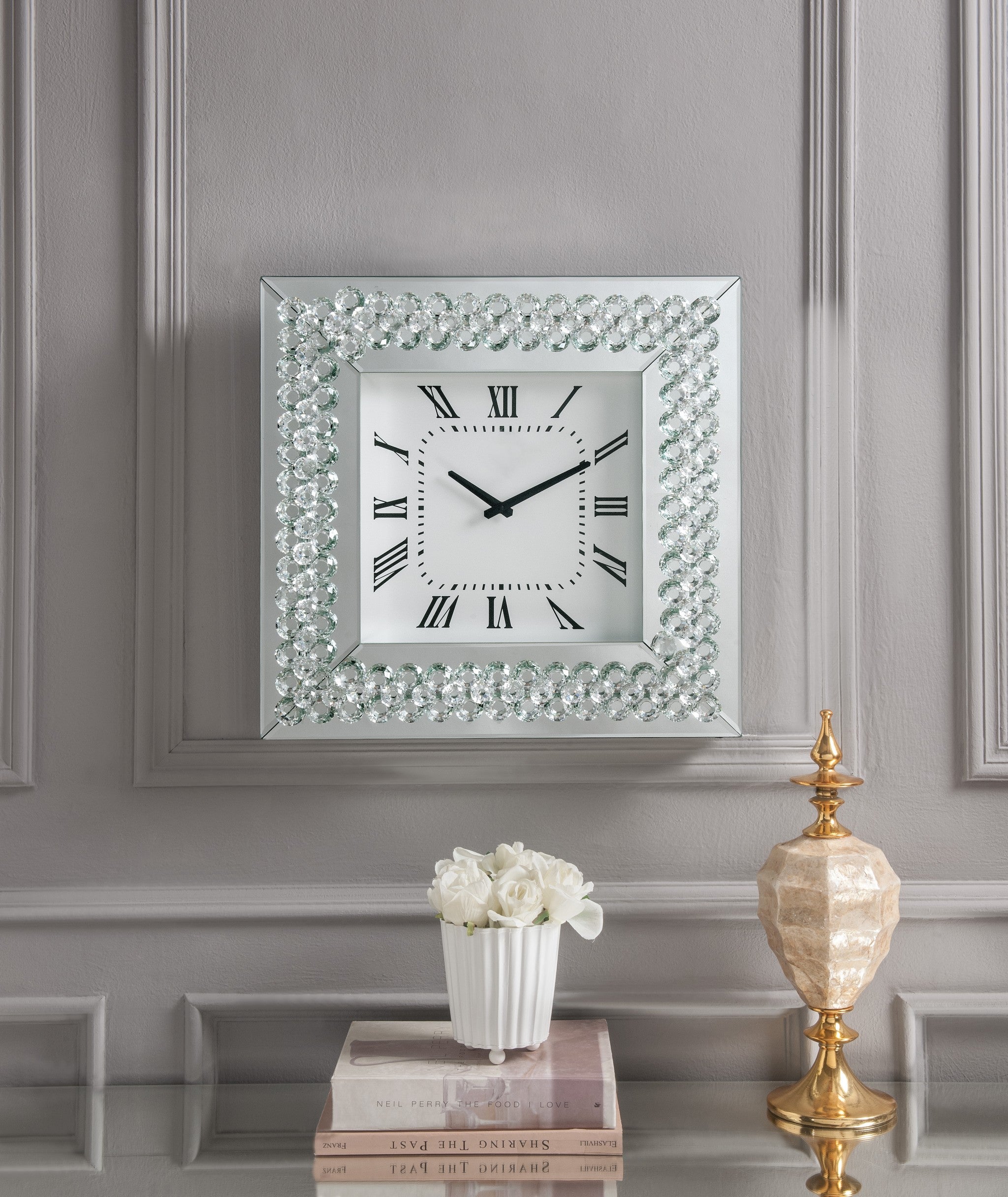 20" X 2" X 20"  Mirrored And Faux Crystals Analog Wall Clock