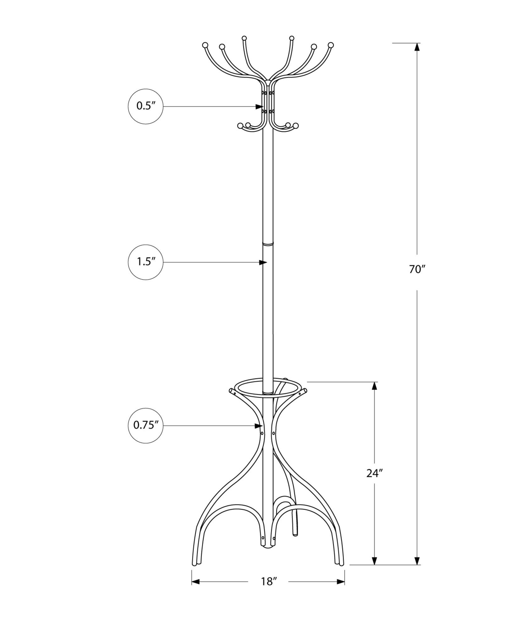 18" x 18" x 70" Silver  Metal  Coat Rack