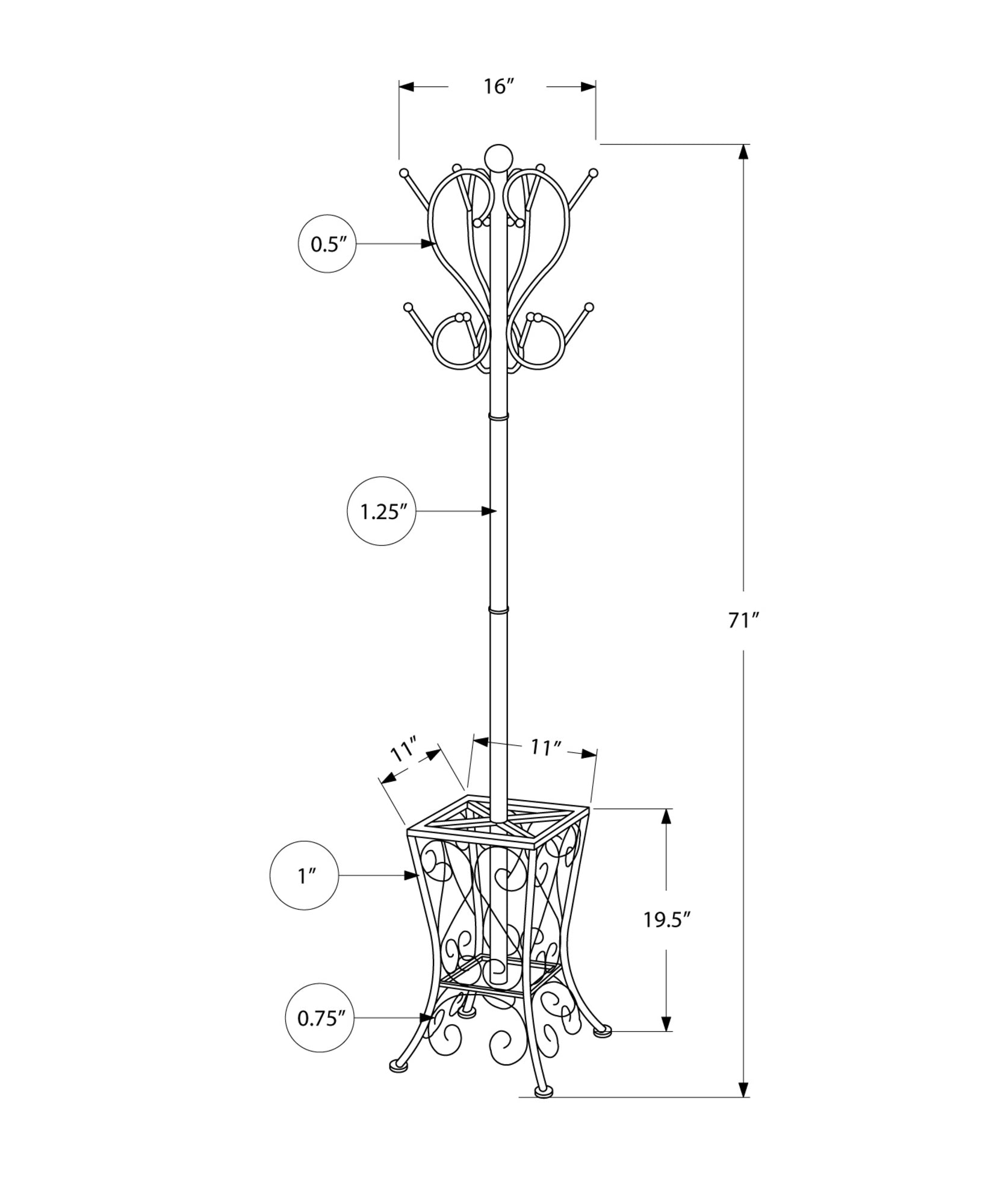 16" x 16" x 71" Black  Metal  Umbrella Holder Coat Rack