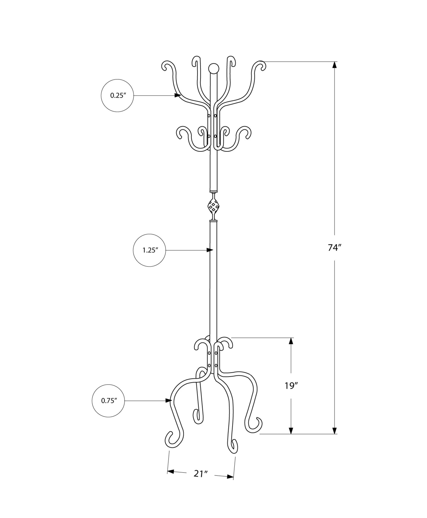 21" x 21" x 74" Black  Metal  Coat Rack