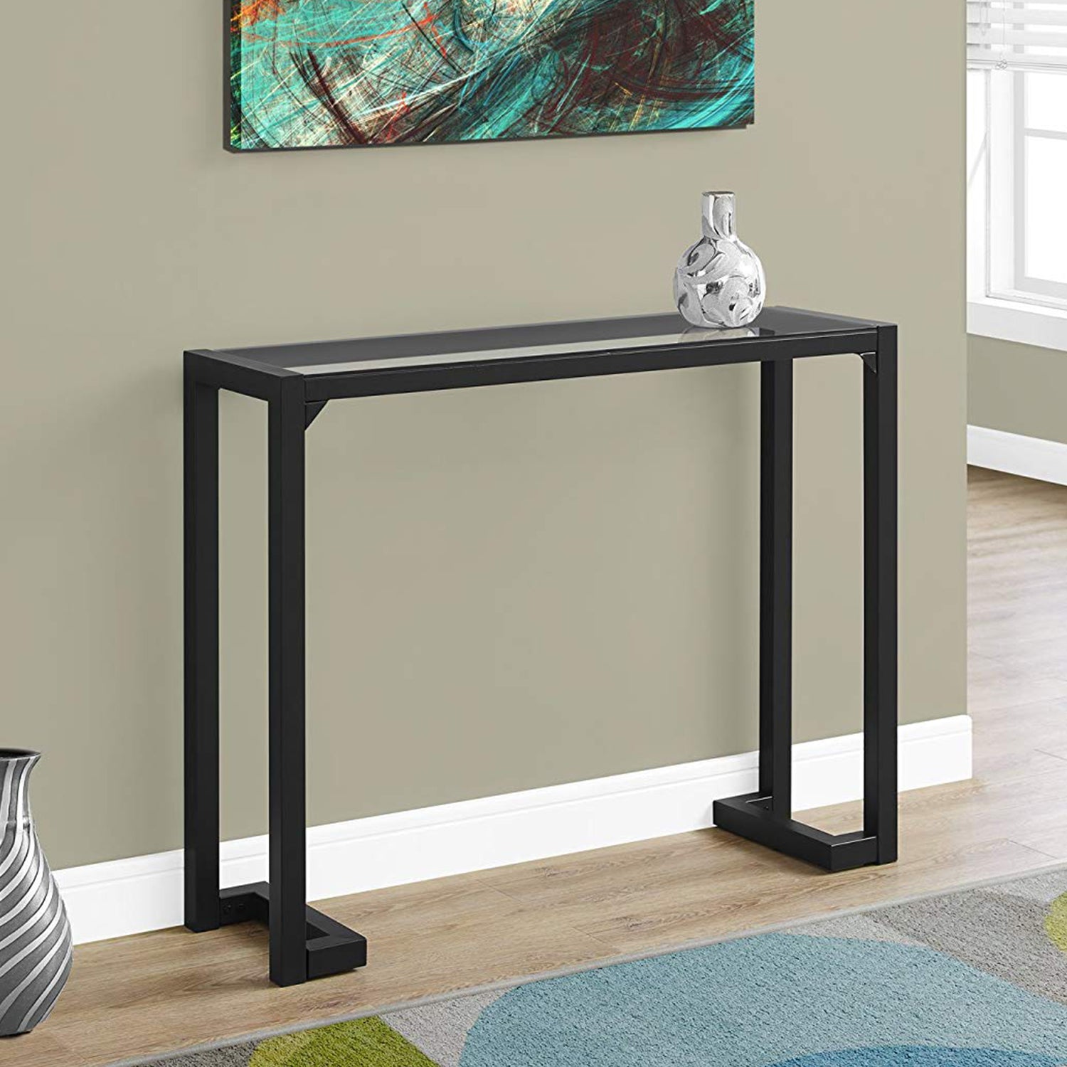 12" x 42" x 32" Tempered and Black Metal Accent Table