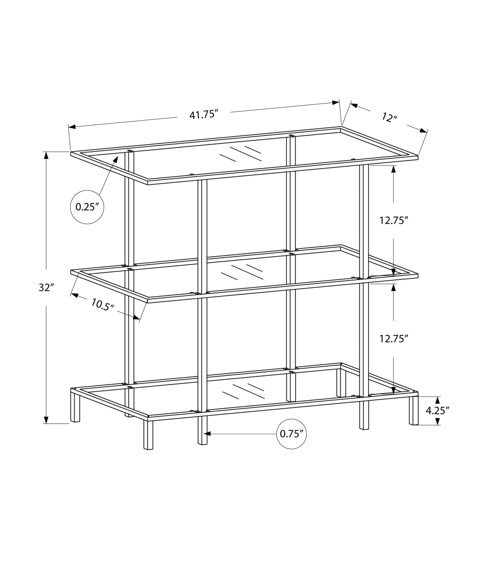12" x 41.75" x 32" Silver Tempered Glass Metal Accent Table