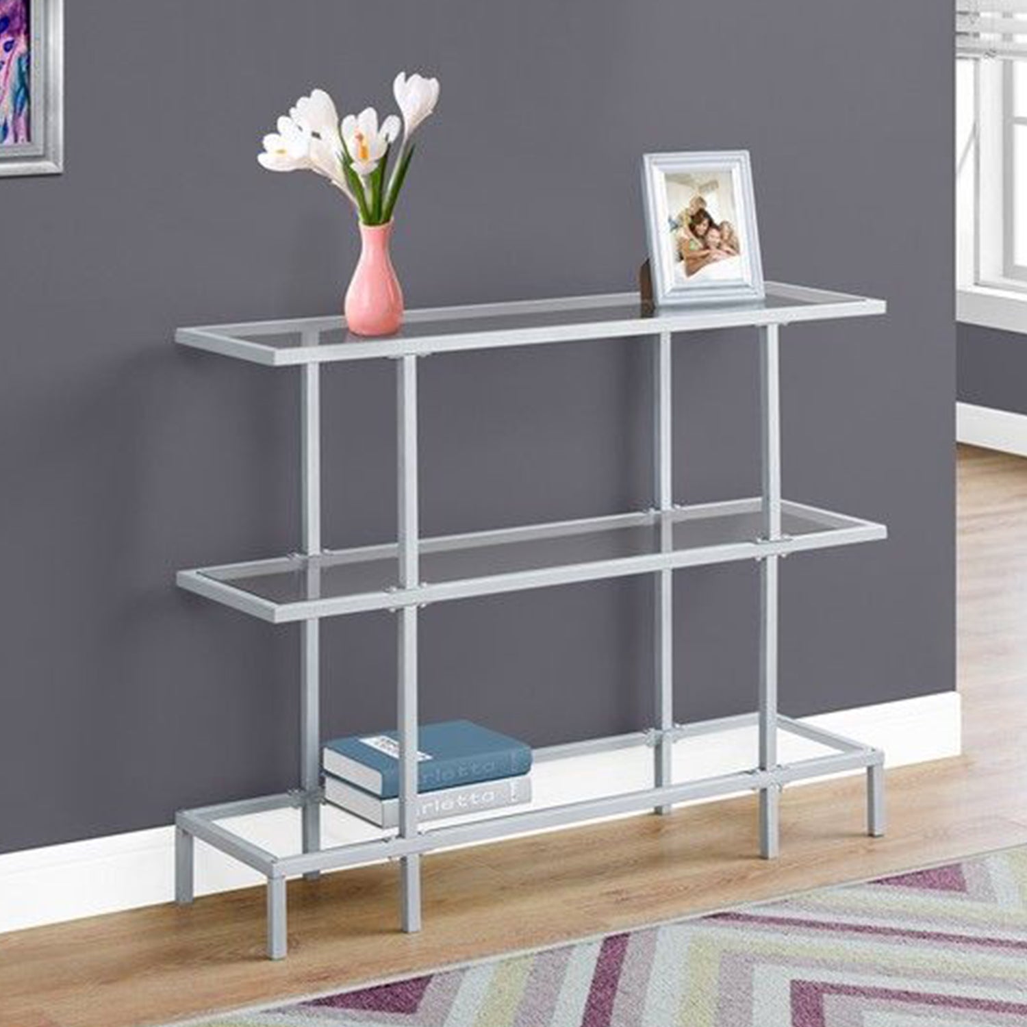 12" x 41.75" x 32" Silver Tempered Glass Metal Accent Table