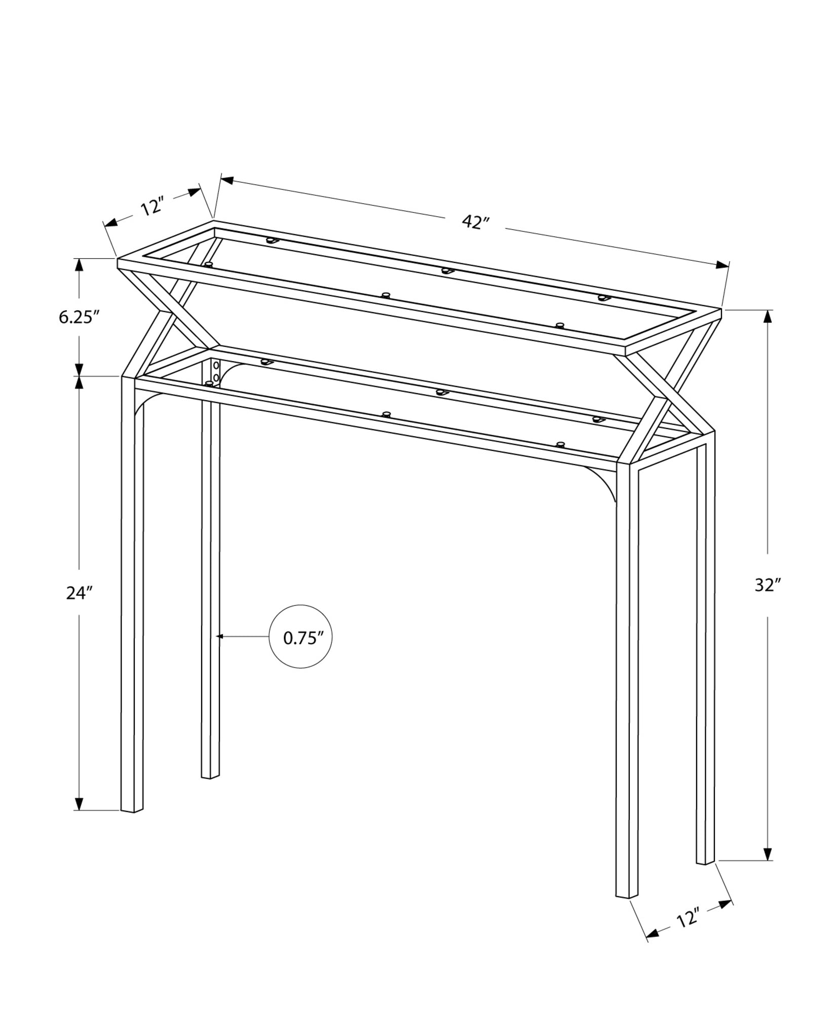 12" x 42" x 32" Silver Metal and Clear Tempered Glass Accent Table