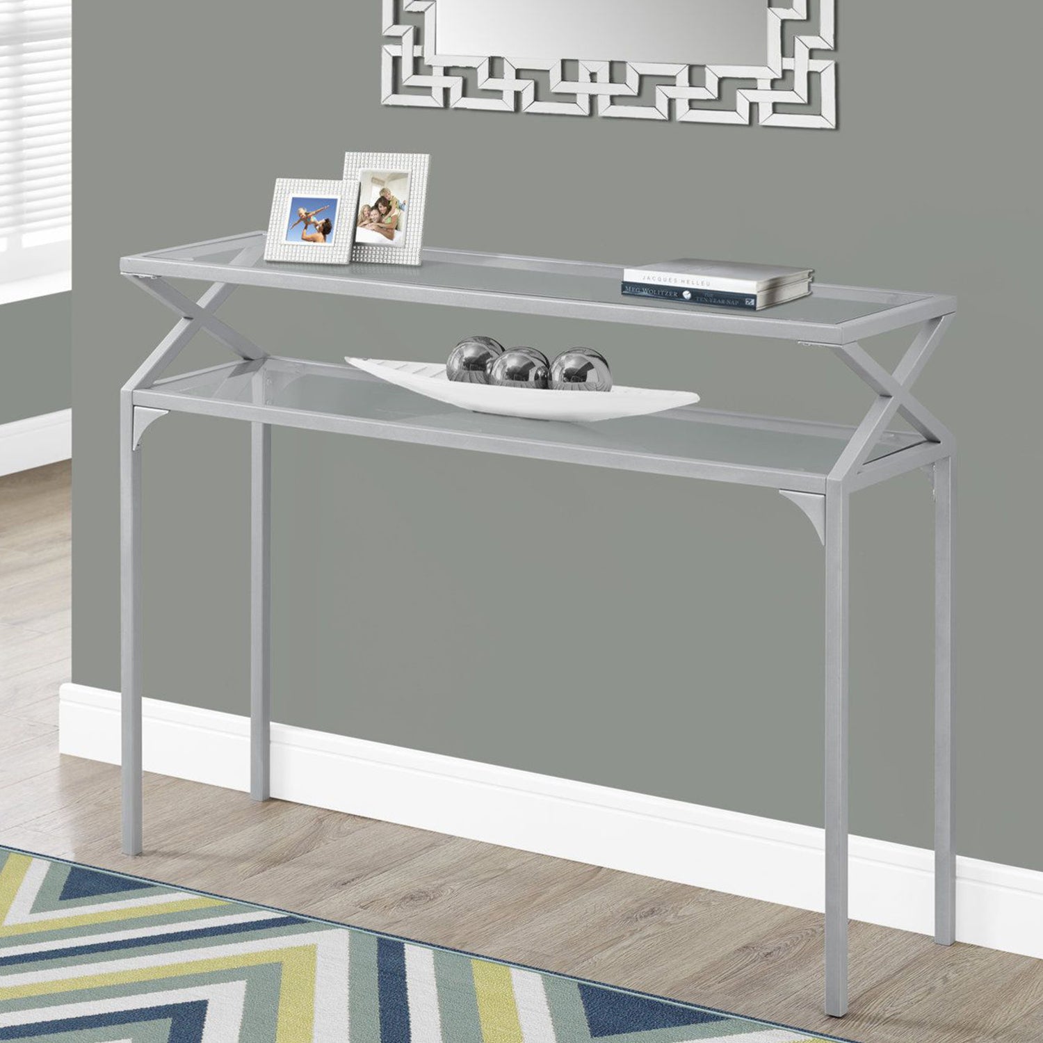 12" x 42" x 32" Silver Metal and Clear Tempered Glass Accent Table