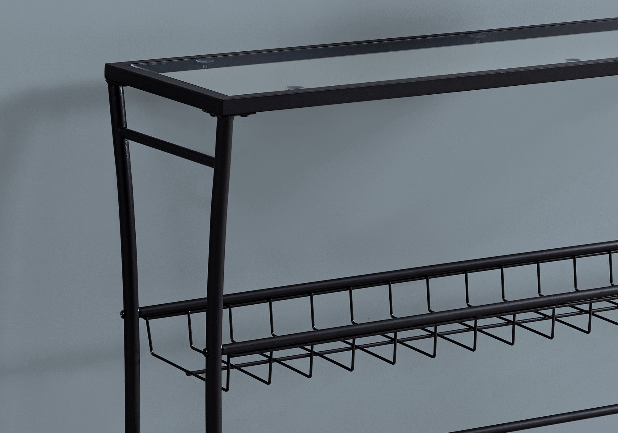 12" x 41.75" x 32" Black Clear Metal Tempered Glass  Accent Table