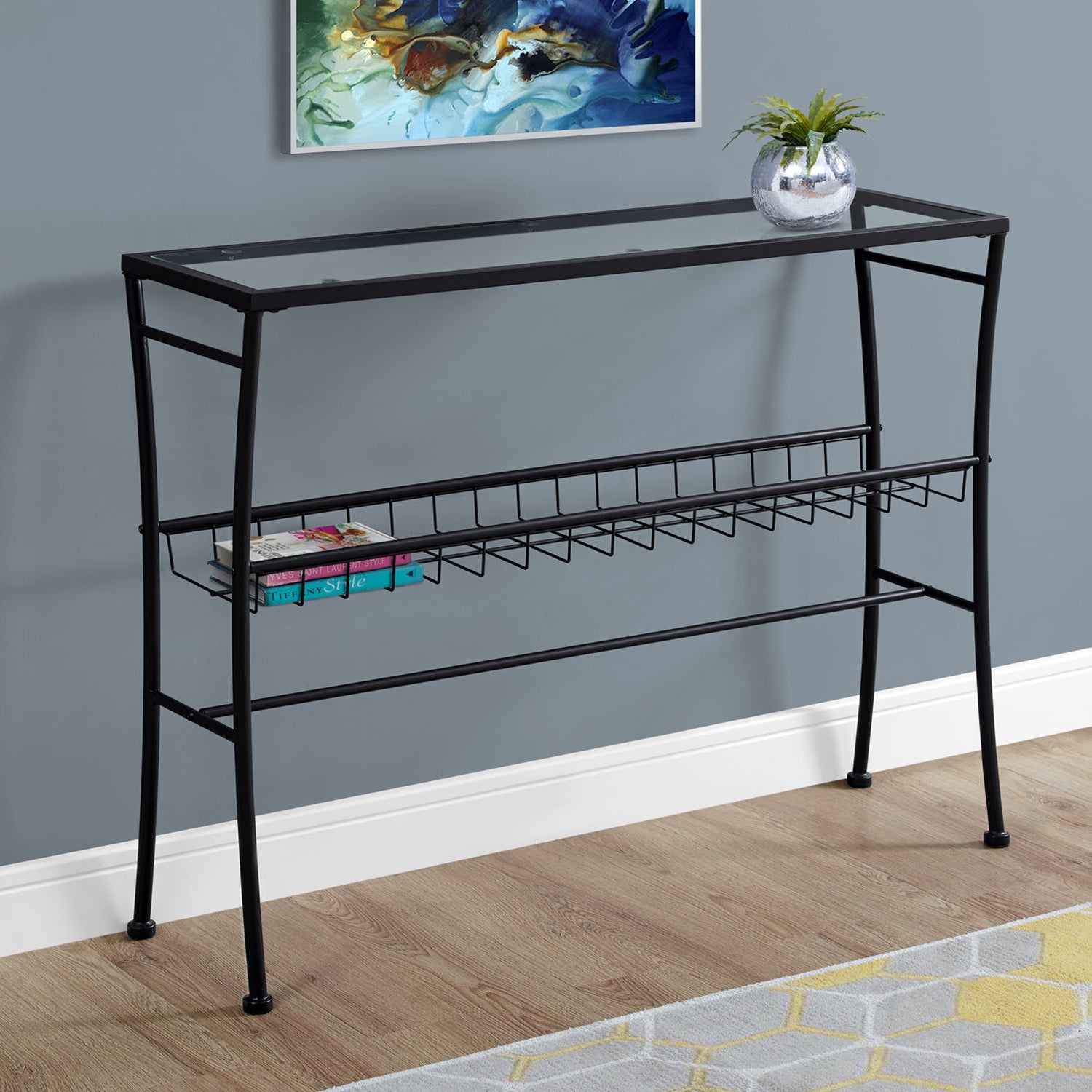 12" x 41.75" x 32" Black Clear Metal Tempered Glass  Accent Table