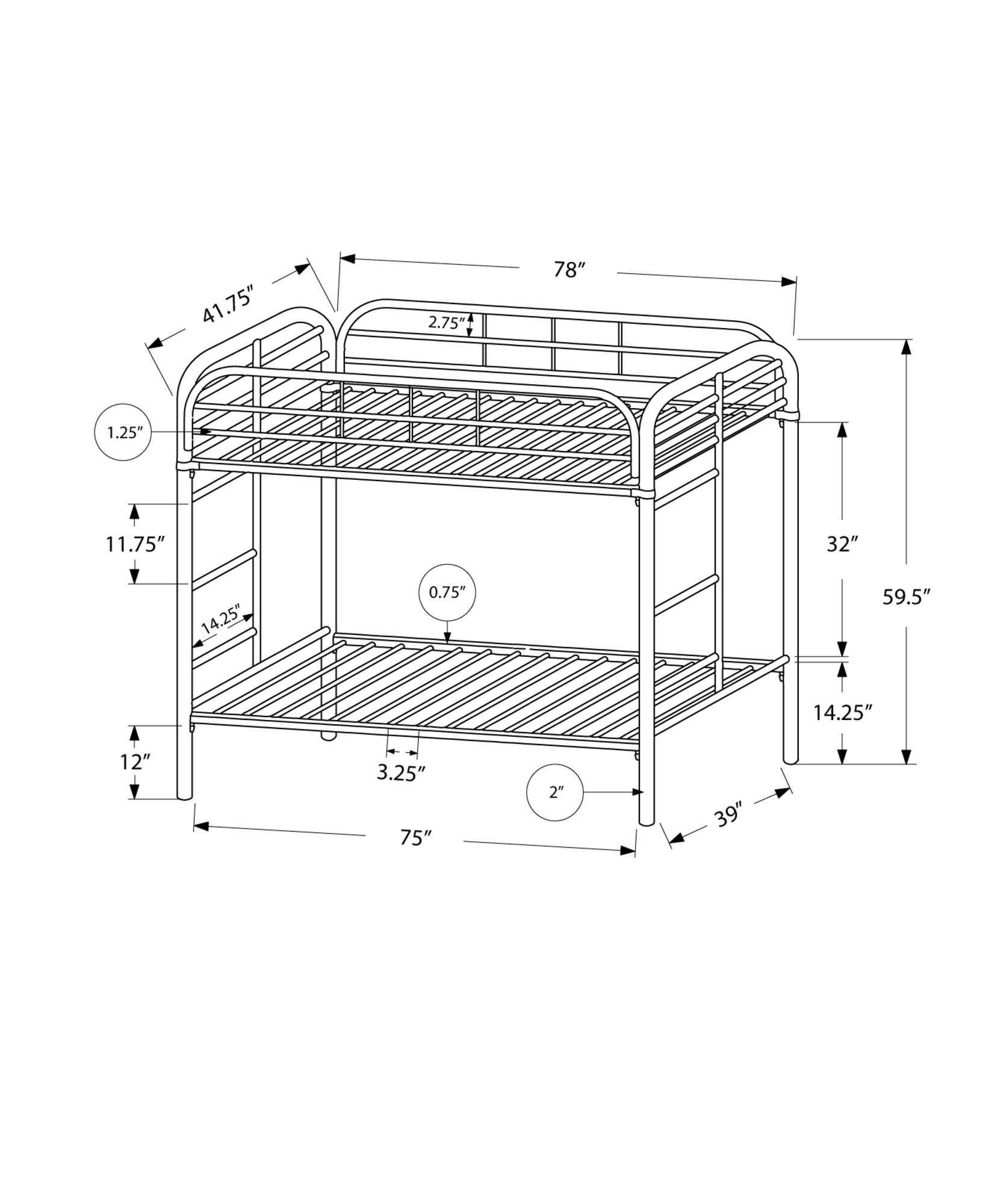 41.75" x 78" x 59.5" Black Metal Bunk Bed Twin Twin Size