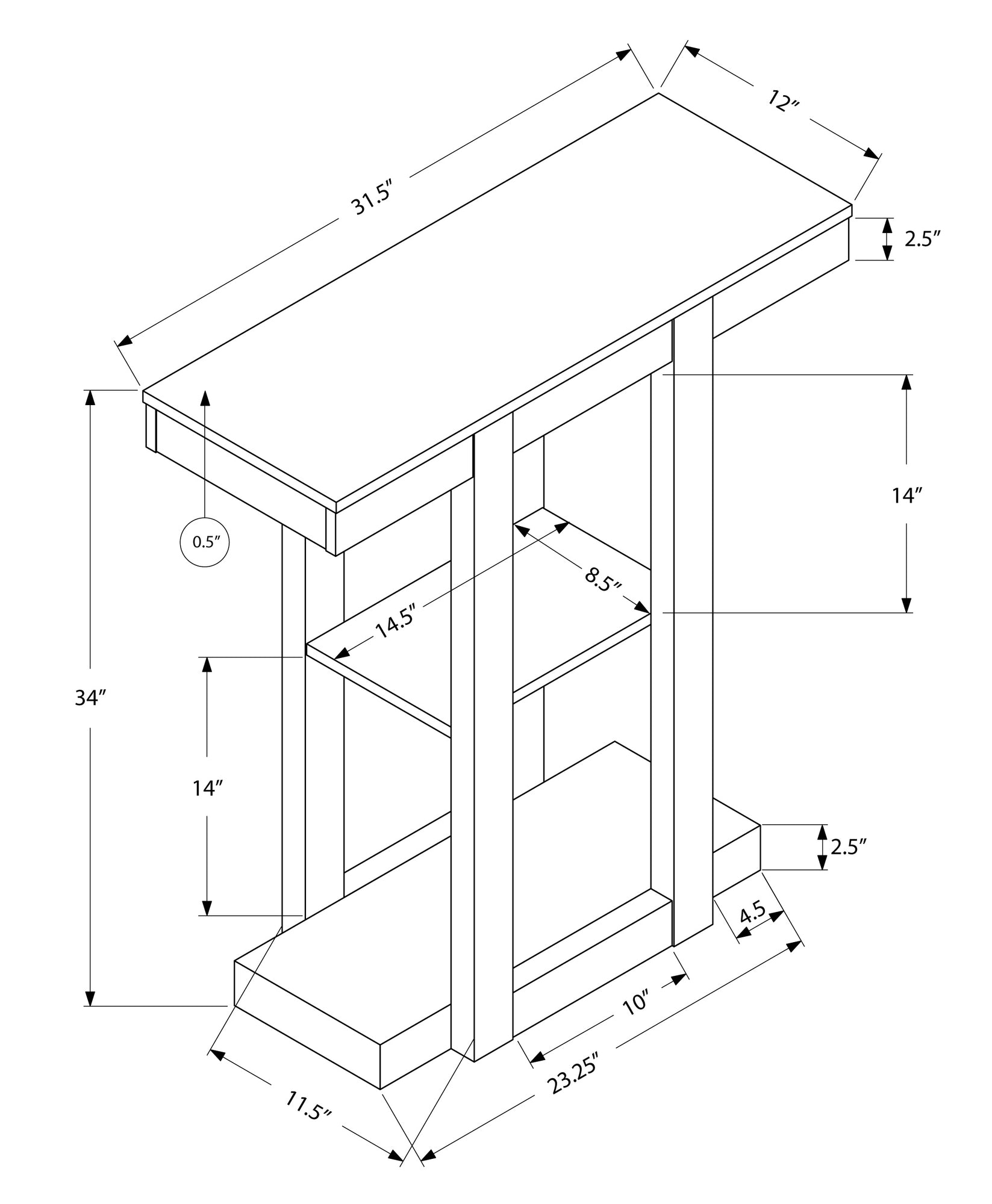 12" x 31.5" x 34" Dark Taupe Finish Hollow Core Accent Table