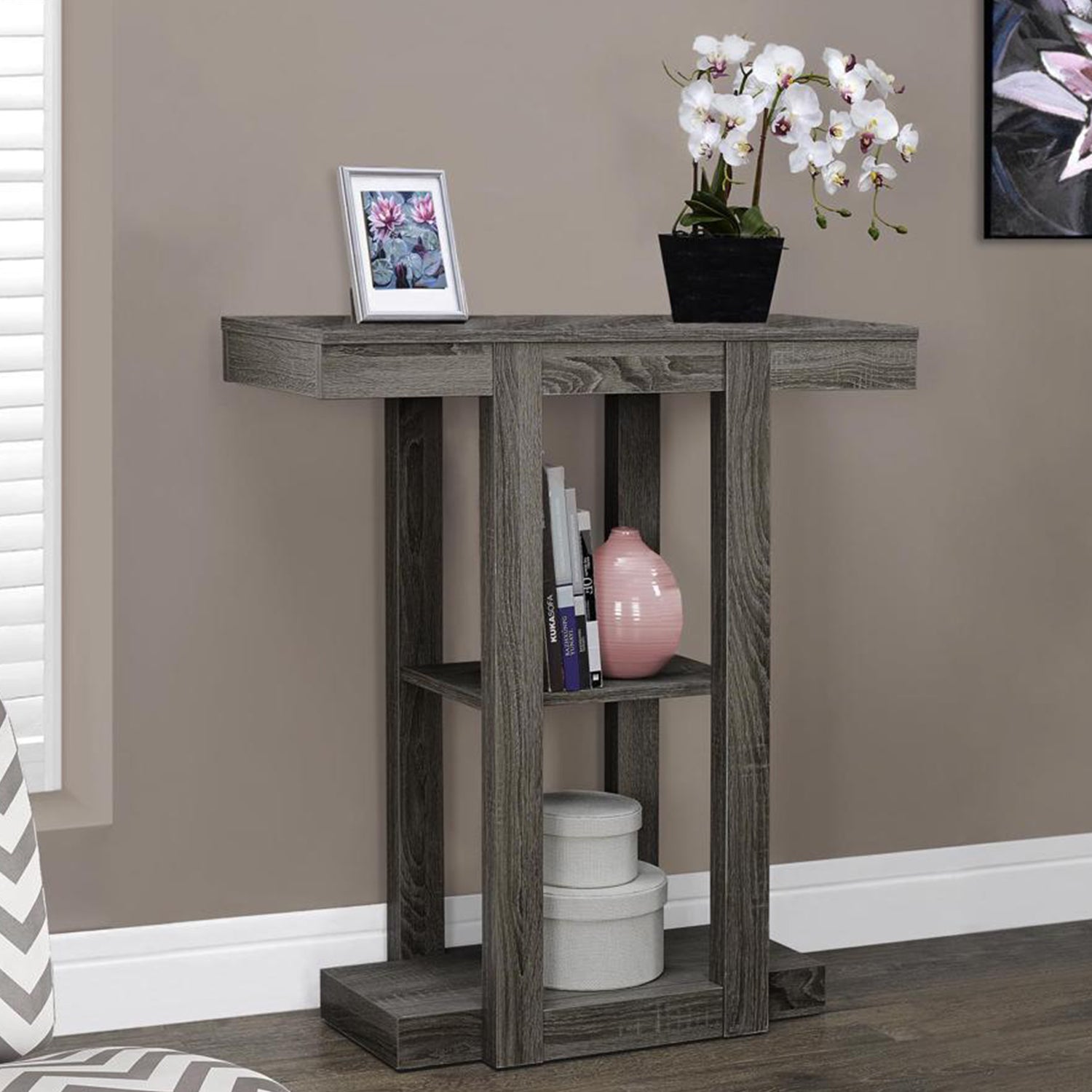 12" x 31.5" x 34" Dark Taupe Finish Hollow Core Accent Table