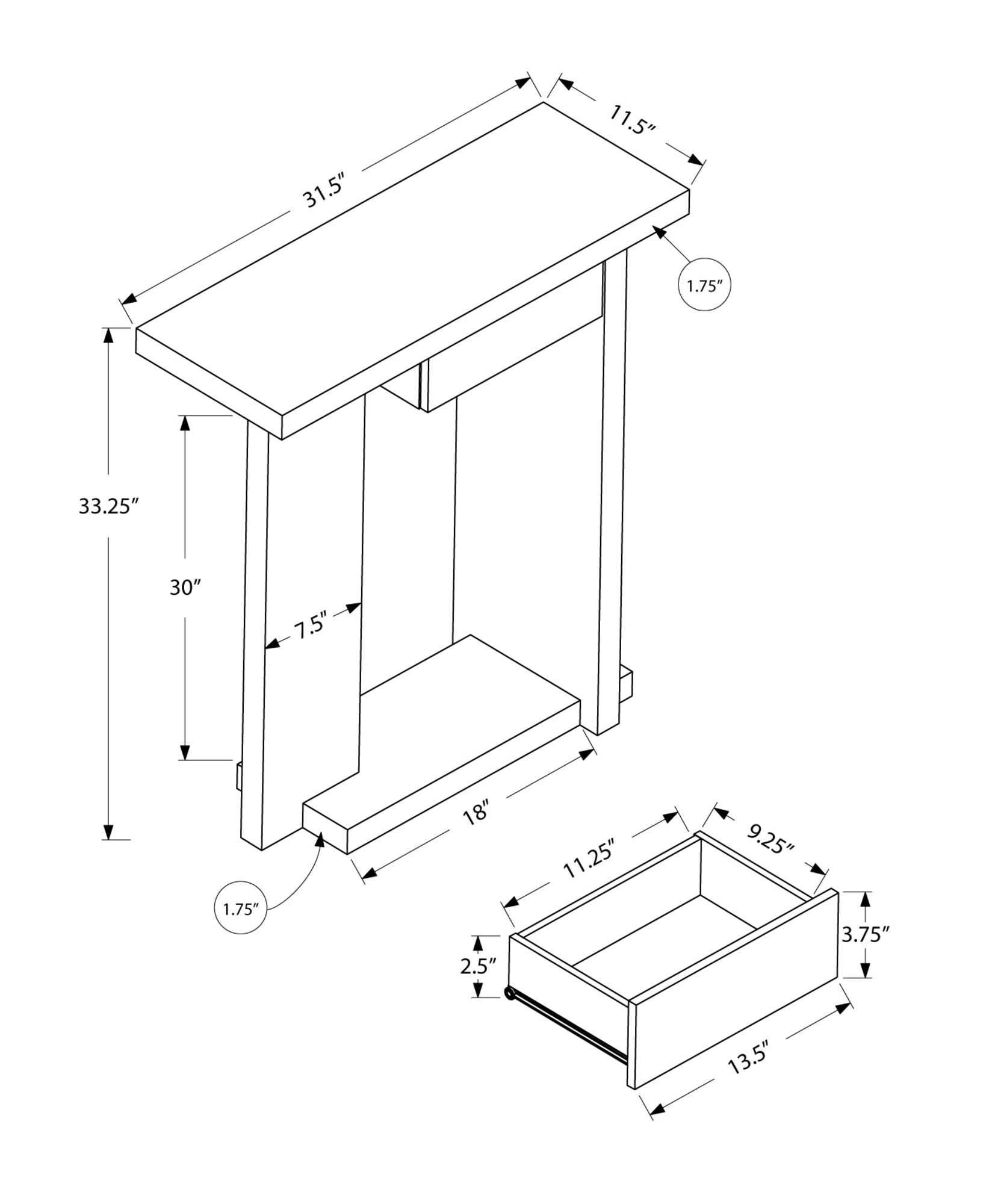 11.5" x 31.5" x 33.25" Cappuccino Finish Hall Console Accent Table