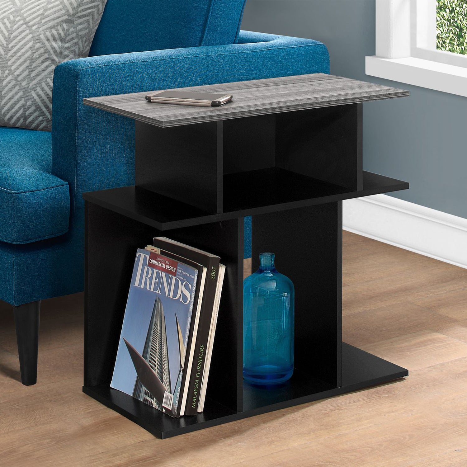 11.75" x 23.75" x 23.75" Black Grey Particle Board Laminate  Accent Table