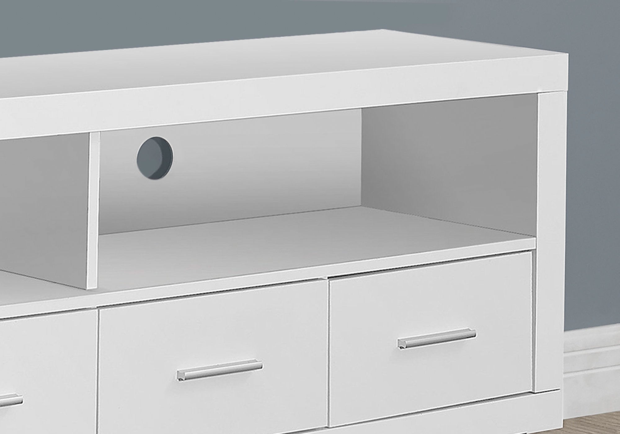 15.75" x 60" x 23.75" White Silver Particle Board Hollow Core Metal TV Stand With 4 Drawers